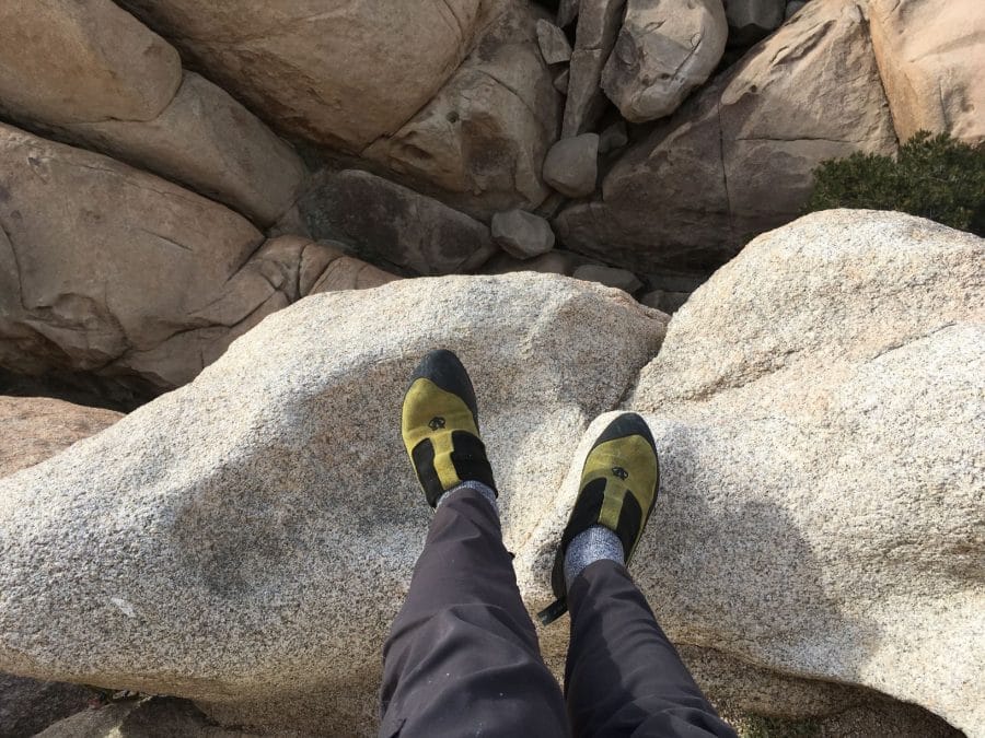 Evolv Addict Rock Climbing Shoes on top of a climb in Joshua Tree