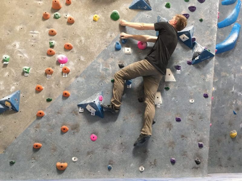 Wearing the Wrangler Outdoor Pants while Climbing at an Indoor Bouldering Gym