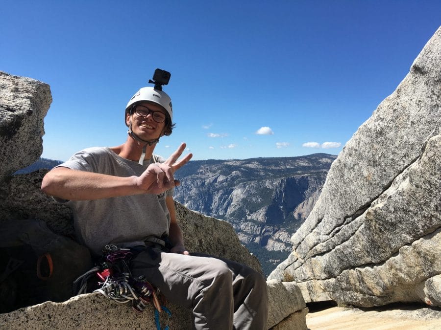 A Climber Happily Rests after finish Snake Dike in Yosemite National Park