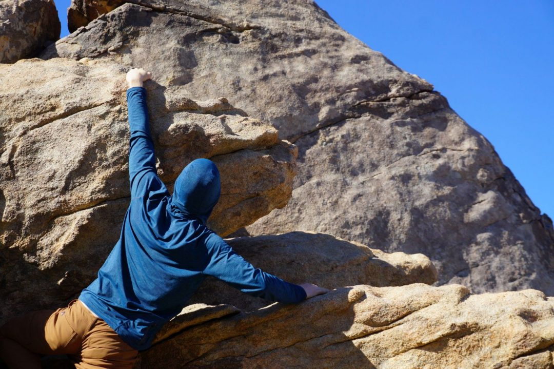 Climbing in the Prana Calder Hoodie