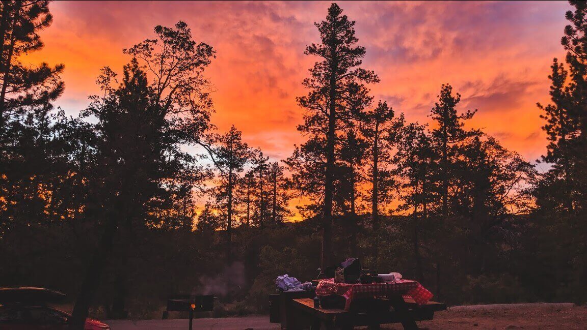 View of sunset in Pineknot Campground near Big Bear California